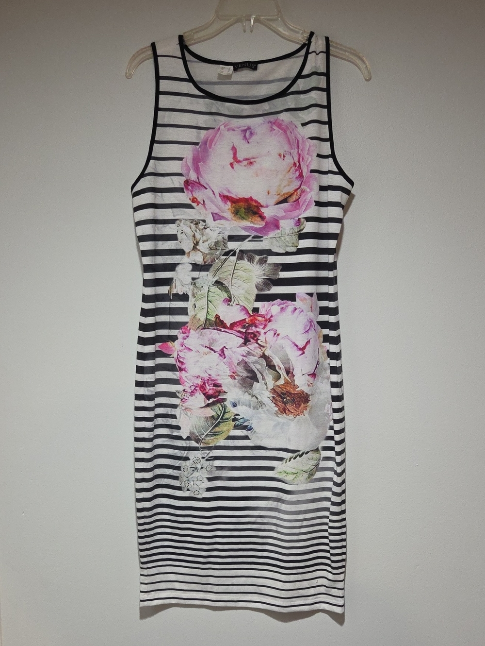 Venus Black And White Striped Tank Dress with Pink Floral Print Size L